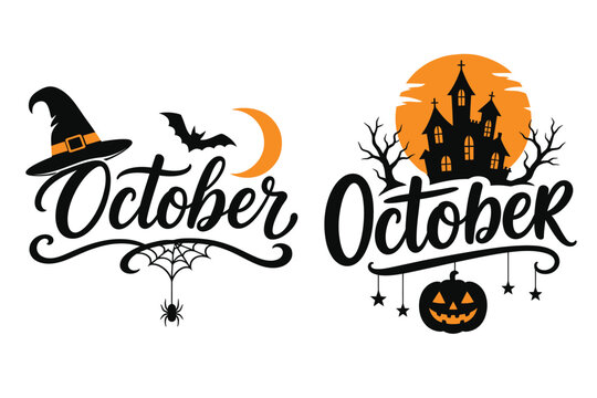 Decorative october text labels with witch hat haunted mansion and full moon typography halloween celebration lettering crescent seasonal decoration greetings invitation creative nightmare