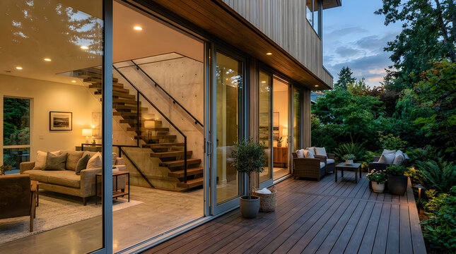 Modern house exterior with large glass doors and deck at dusk exterior architecture interior