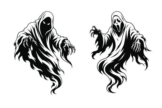 Set of two terrifying phantom ghost characters with hoods halloween supernatural frightening illustration isolated creature apparition mysterious paranormal character mythology folklore