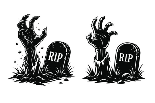 Zombie hands rising from grave with rip tombstones tombstone halloween graveyard cemetery terrible mysterious aggressive illustration silhouette supernatural creature terrifying