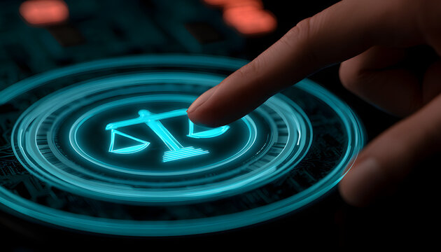 The fingertips brush against the flickering digital panel featuring a balance scale symbol on the circuit board. AI law theory. Advanced tech safeguards personal information. Legal tech advancement. N