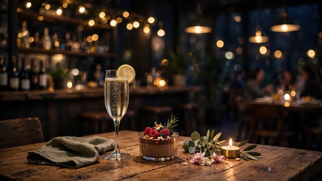 Elegant champagne flute and chocolate dessert on a rustic wooden table in a dimly lit restaurant.