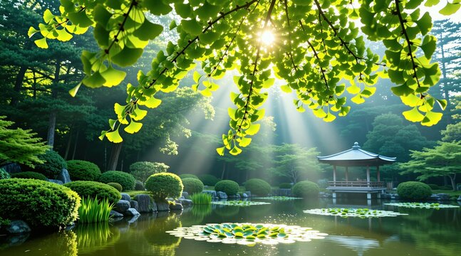 Bright sunbeams filter through vibrant green ginkgo leaves in tranquil Japanese garden. Sunlight illuminates calm water pond with lily pads near wooden pavilion. Serene nature park landscape offers
