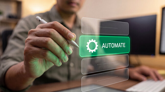 Professional using futuristic stylus to automate workflows on holographic digital interface