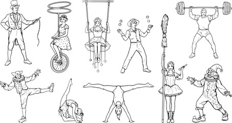 Vintage circus performers and artists black and white line art vector setVintage circus performers and artists black and white line art vector set © MDAKTARUL