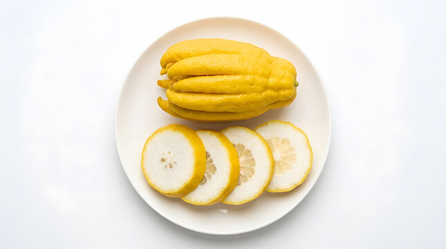 Buddha's hand citron fruit whole and sliced on a white plate with citrus medica, nutrition