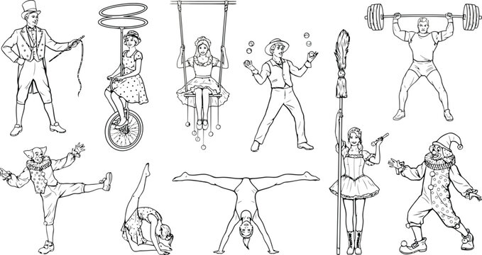Vintage circus performers and artists black and white line art vector setVintage circus performers and artists black and white line art vector set