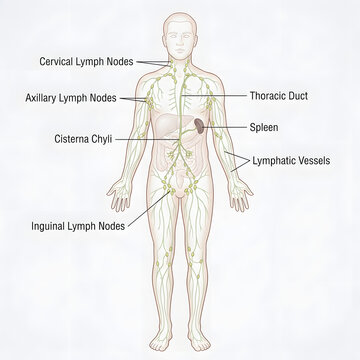 Human lymphatic system anatomy diagram with labeled nodes and vessels lymphatic cervical
