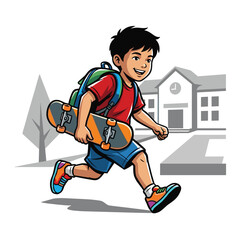 Boy with backpack running to school carrying skateboard outdoors