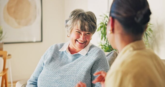 Laughing, senior mother and chat with woman in lounge, connection and reunion with daughter in house. Happy, family and listening to good news, bonding and funny discussion with old person in home