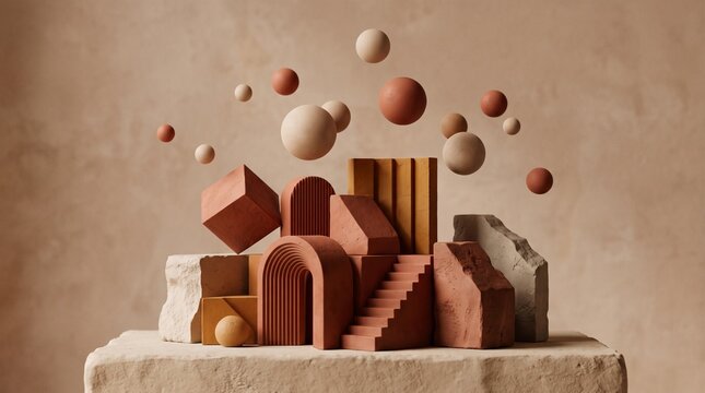 3D geometric shapes and spheres floating in air. Abstract minimalist decor with soft beige tones for modern interiors.