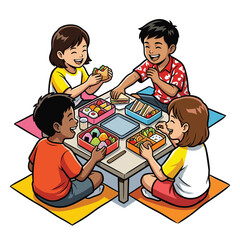 Diverse children sharing bento boxes with sushi and sandwiches at table