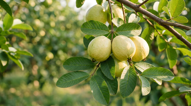 Fresh guava fruits hanging on a tree branch in a sunny tropical orchard plantation