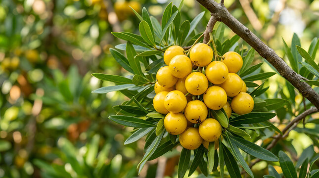 Cluster of ripe yellow nance fruit hanging on a tropical tree branch with tropical