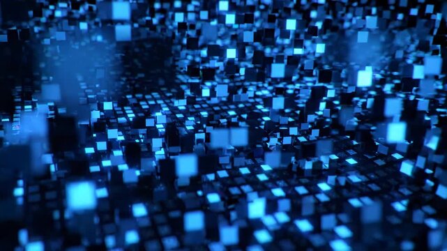 Abstract digital background with glowing blue squares forming a data grid surface