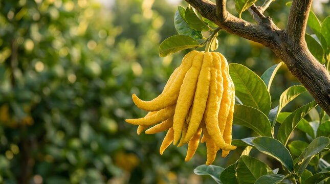 Buddha's hand citron fruit hanging on a branch in an orchard with citrus medica, tropical