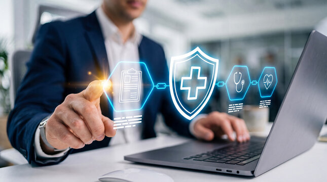 Professional using holographic interface on laptop showcasing healthcare technology and data security concepts