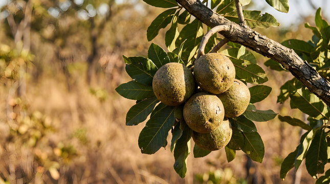 Ripe marula fruits hanging on tree branch in natural habitat with agriculture, botanical