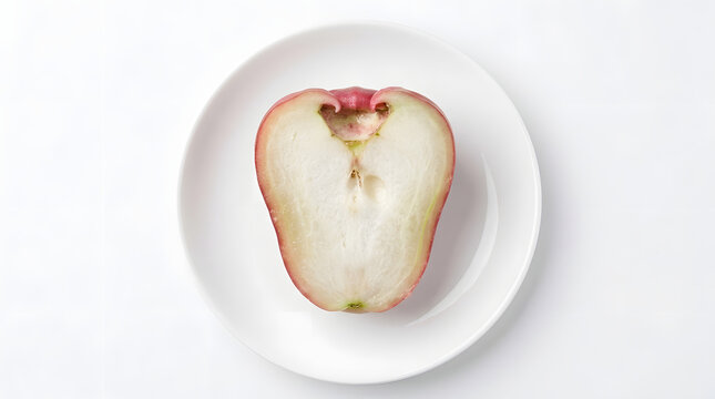 Half of fresh wax apple fruit placed on white plate with tropical nutrition vegetarian