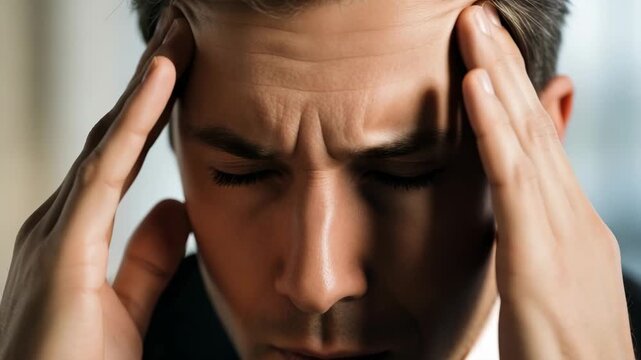 Stress and Headache A close up portrait of a man grimacing in pain hands pressed against his temples conveying intense stress and a throbbing headache