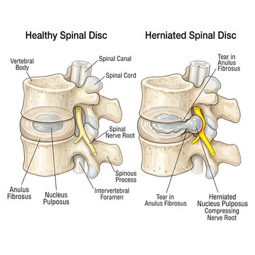 Anatomical comparison of healthy and herniated spinal disc medical illustration