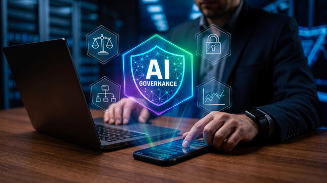 Professional using laptop and smartphone to demonstrate AI governance and cybersecurity concepts