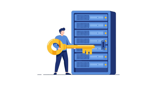 Data Security and Server Access Concept Illustration: IT Professional Holding Golden Key to Protected Database Server Rack