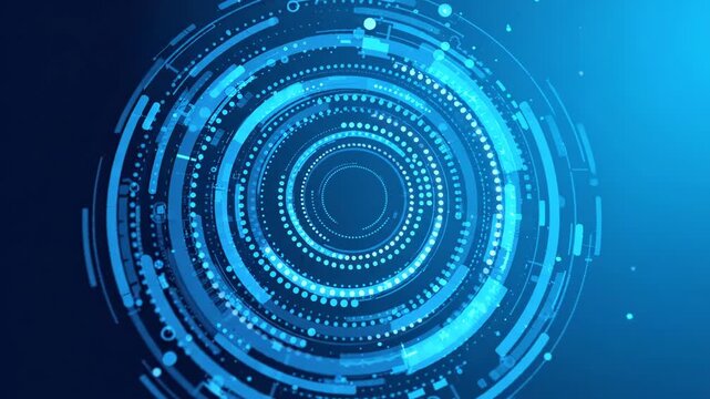 Abstract digital technology background with glowing blue circular hud interface elements and data visualization