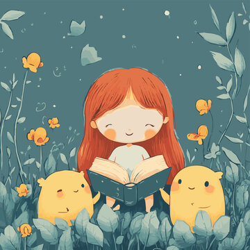 A girl reading a book surrounded by whimsical creatures and flowers, embodying joy and imagination.