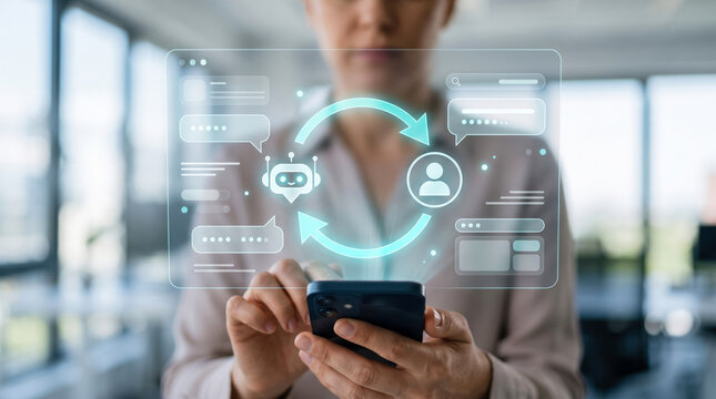 Professional using smartphone with AI chat interface in modern office workspace