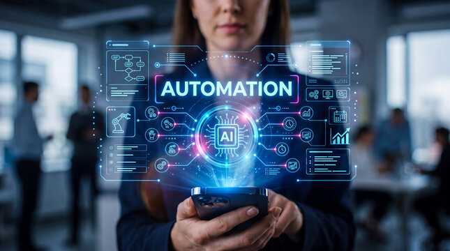 Professional using smartphone to interact with futuristic AI-powered automation holographic interface in office