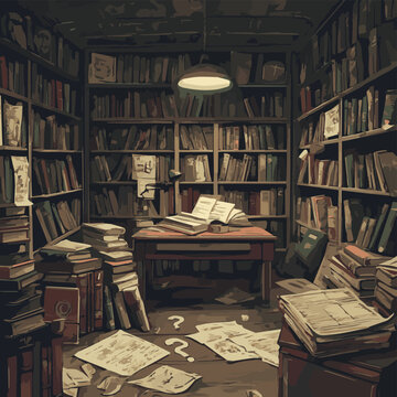 A cluttered library filled with old books, papers, and mystery, evoking a sense of curiosity and exploration.