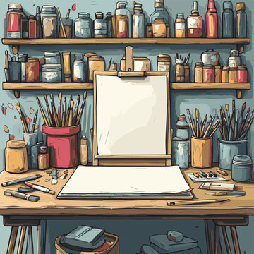 A colorful artist's studio filled with paints, brushes, and a blank canvas ready for creativity.