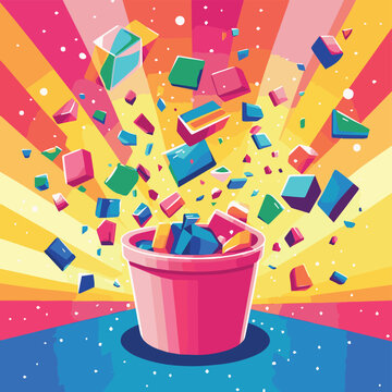 A colorful illustration of a bucket overflowing with vibrant geometric shapes against a bright background.