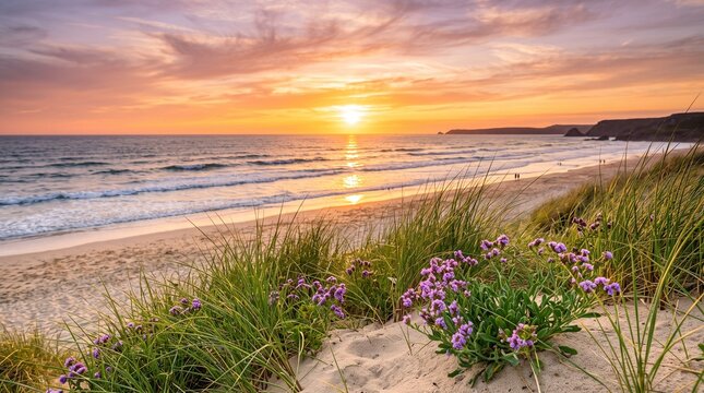 Dramatic beach sunset with ocean waves and wildflowers. Coastal shoreline at golden hour with vibrant purple blooms and warm lighting.