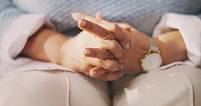 Stress, hands and senior woman in home with uncertainty, thinking and unsure on retirement. Worry, memory loss and elderly person with alzheimers in living room with scared, nervous or concern.