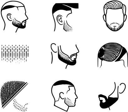 Men's Hairstyles and Beards Black  White Line Art Icons. Collection of Hairdressing and Grooming Styles for Male Haircuts and Facial Hair
