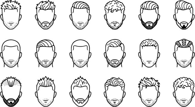 Men's Hairstyles and Beards Black and White Line Art Icon Set - Diverse Male Haircuts and Facial Hair Styles for Fashion and Grooming Industry