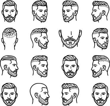 Men's Grooming Hairstyles and Beards Outline Icons Set. Various Male Haircuts and Facial Hair Styles in Black  White Line Art.