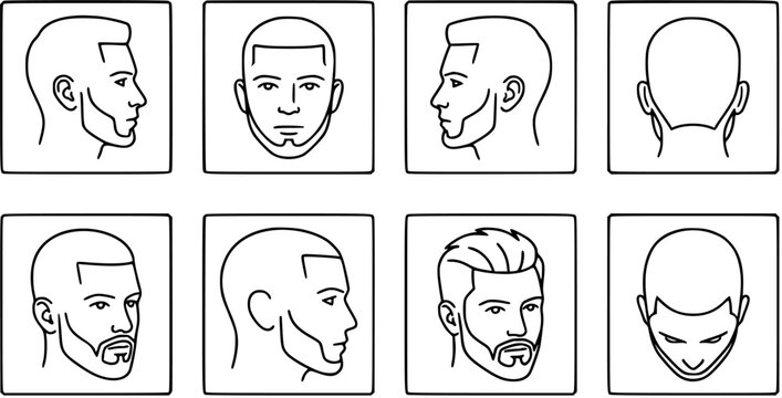 Men's Grooming Haircuts  Beard Styles Line Art Icon Set. Diverse Male Head Views, Hairstyles, and Facial Hair Outline Illustrations for Barbershop Design.