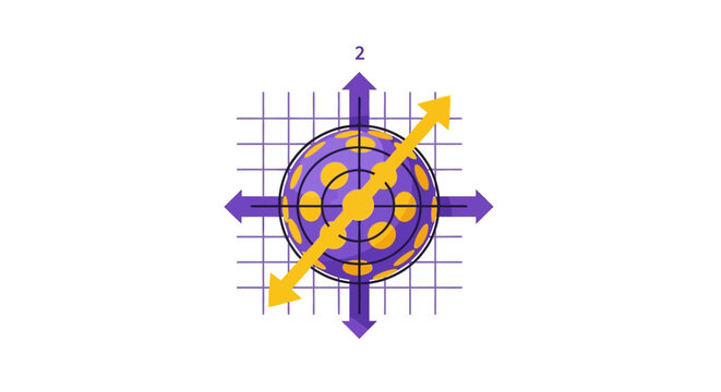 3D Mathematical Coordinate System Illustration with Purple Dotted Sphere and Directional Arrows on a Grid