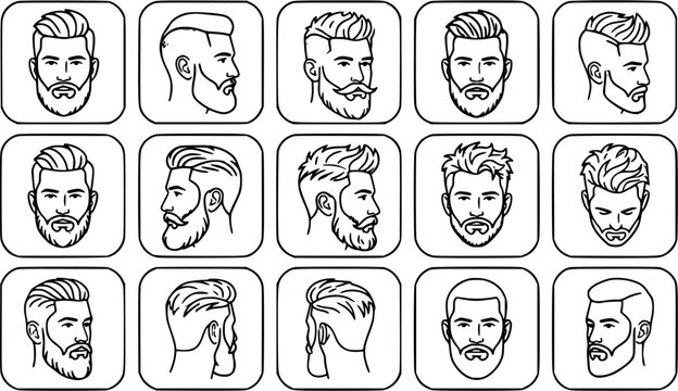 Black and White Line Art Icons of Various Modern Men's Hairstyles and Beards, Front and Side Views