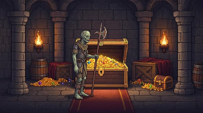 Pixel Art Goblin Guard Standing by Gold Treasure Chest