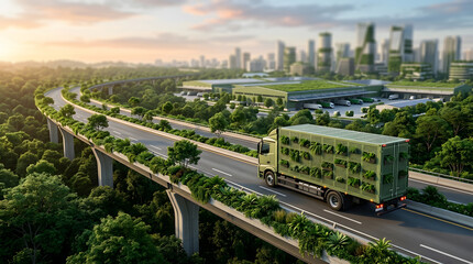 Obraz premium Sustainable logistics electric truck transporting green plants on futuristic highway representing eco friendly supply chain and zero emission freight