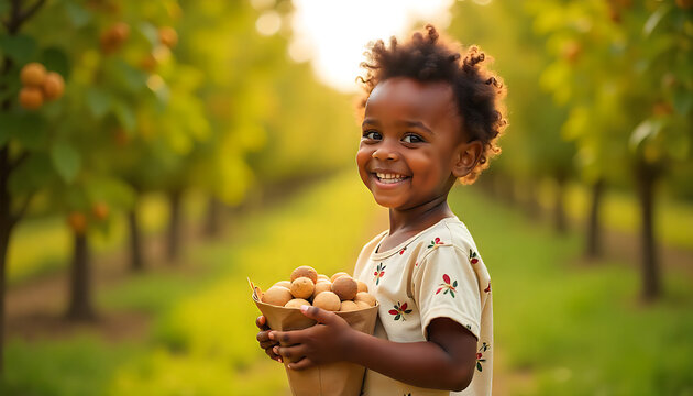 Happy African child holding fresh apples in orchard. Smiling boy with ripe fruit in sunny farm setting for healthy lifestyle campaigns.