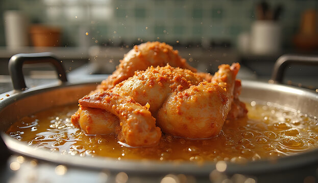 Golden fried chicken wings served in a pan. Crispy battered poultry pieces sizzling in oil for cooking