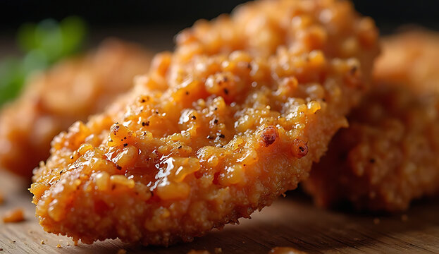 Crispy golden fried chicken tenders cut into bite-sized pieces. Savory breaded poultry chunks perfect for fast food and appetizers.