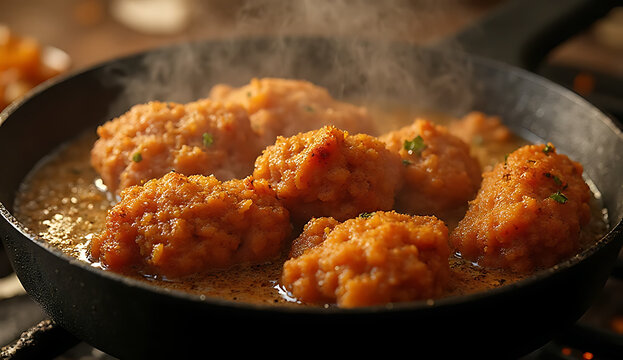Golden fried chicken tenders sizzling in oil. Crispy breaded poultry bites deep frying in a cast iron skillet for restaurant menus.
