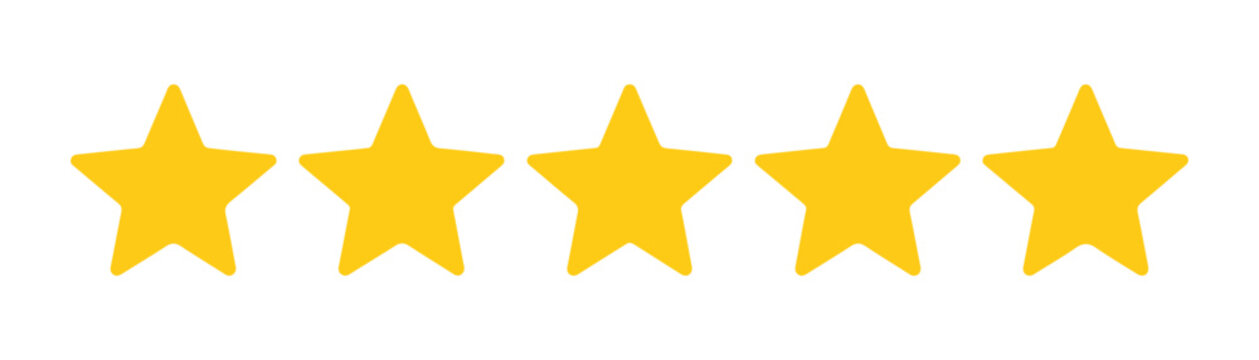 Five golden stars rating set on transparent background for user feedback review and ranking service icon.