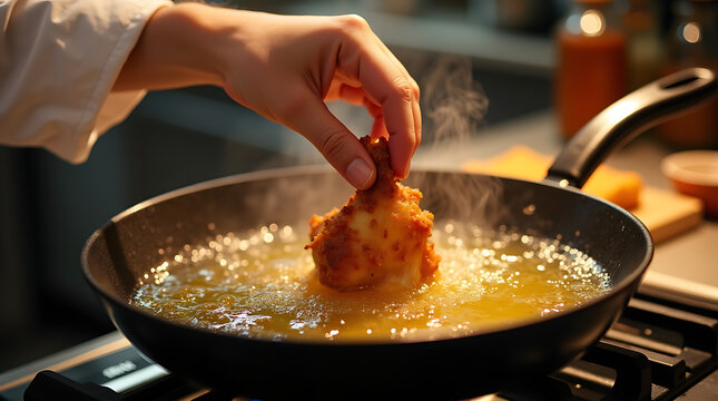 Chef hand frying shrimp in golden batter. Crispy seafood cooking in sizzling oil for gourmet restaurant dish preparation. Professional culinary tec...
